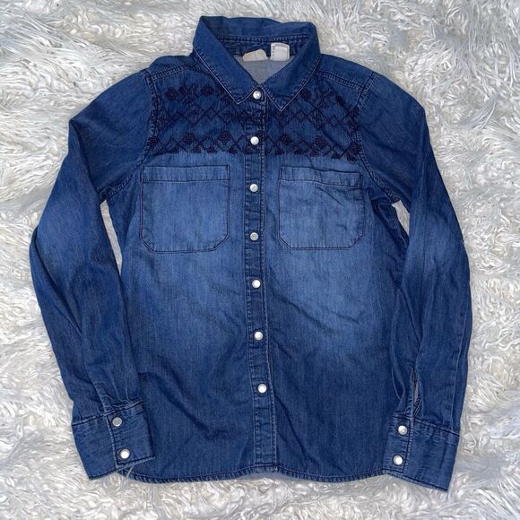 Vintage Mudd Denim And Lace Button Down Shirt Pearl Snap Y2K Size Small - Picture 1 of 5